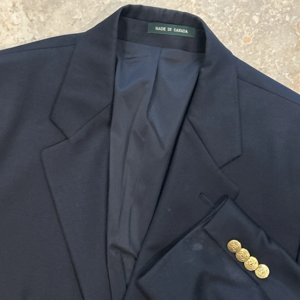 Lauren Ralph Lauren Gold Button Blazer Mens 40S Navy Blue Wool Sport Coat Jacket